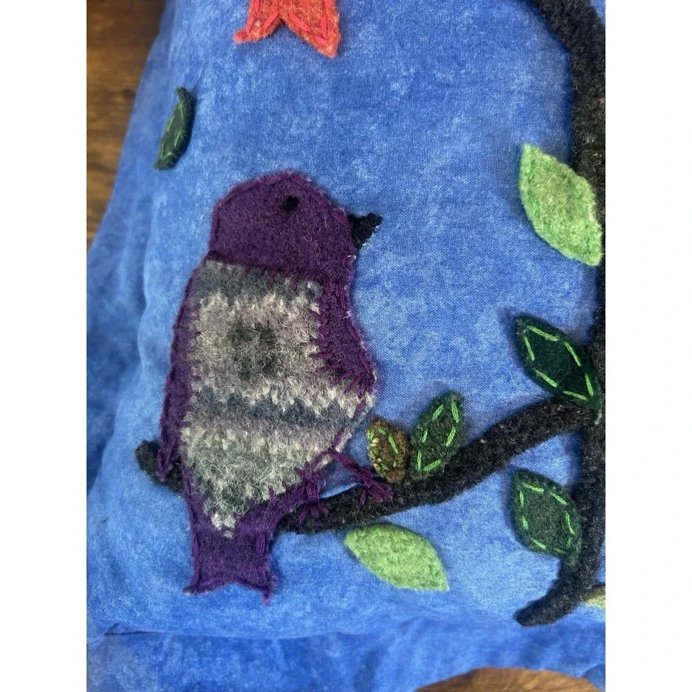 Handmade Blue Bird Pillow Cover Folk Art Throw Cushion 17x17 Removable Case